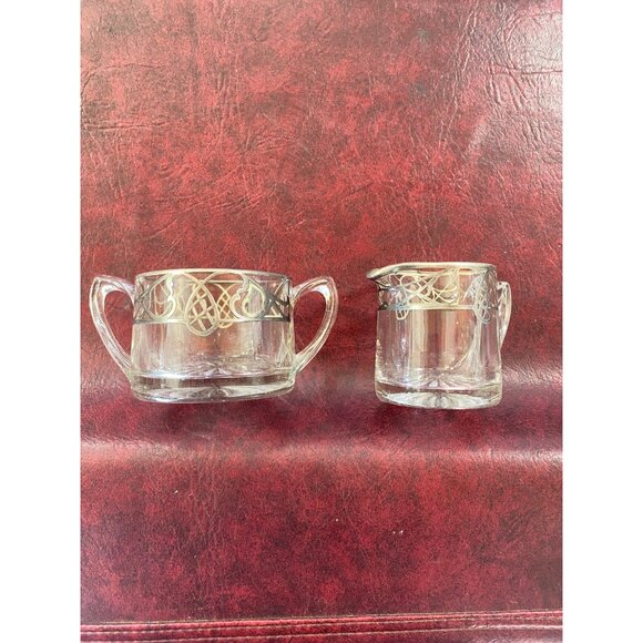 Vintage Glass Creamer & Sugar Bowl Silver Overlay Scroll Leaf Design - Picture 7 of 12